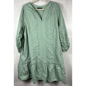 Lane Bryant 18 Green Cotton Dress V Neck Pintuck Boho Peasant Tunic
